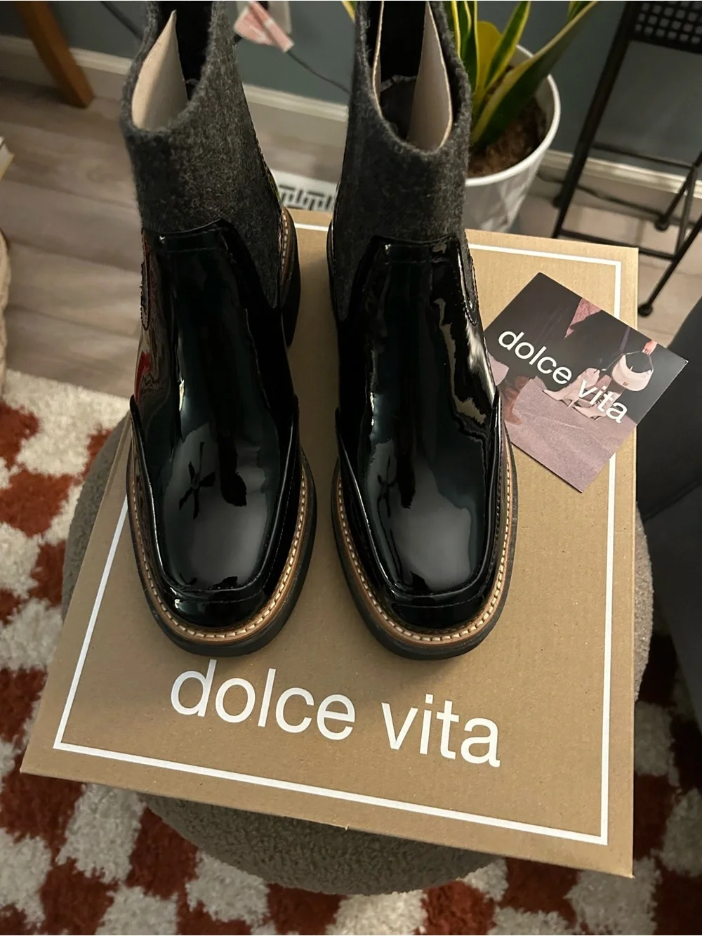 Dolce Vita Black Patent Chelsea Booties with Gray Elastic